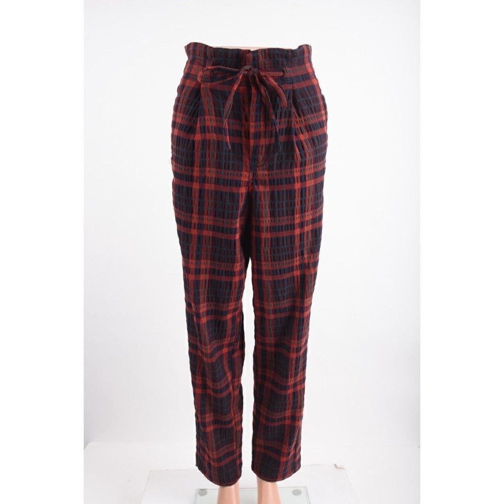 Free People Womens Here & There Trousers Pants Sz 4 Red Plaid Paperbag Hi Rise